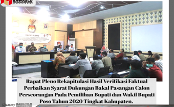 BAWASLU KABUPATEN POSO IKUTI RAPAT PLENO REKAPITULASI HASIL VERIFIKASI FAKTUAL PERBAIKAN SYARAT DUKUNGAN BAKAL PASANGAN CALON PERSEORANGAN PADA PILKADA TAHUN 2020